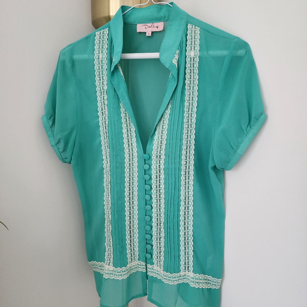 Silky Sea Green Blouse, with capped button short sleeves and lace embroidery.